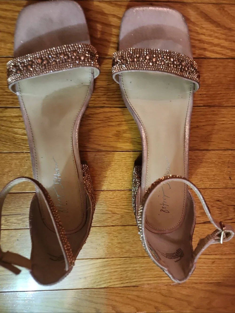 Betsy Johnson Grant Rose Gold Crystal Embellish Ankle-Strap Block Heel Sandals
